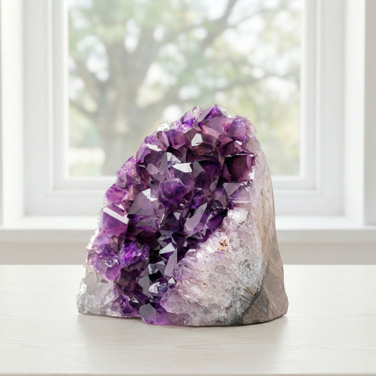 What does a 1.5–2 lb Uruguayan amethyst cluster look like? A 4–6 inch tall piece with deep purple natural crystal points and raw stone base, ideal for desk or shelf decor.