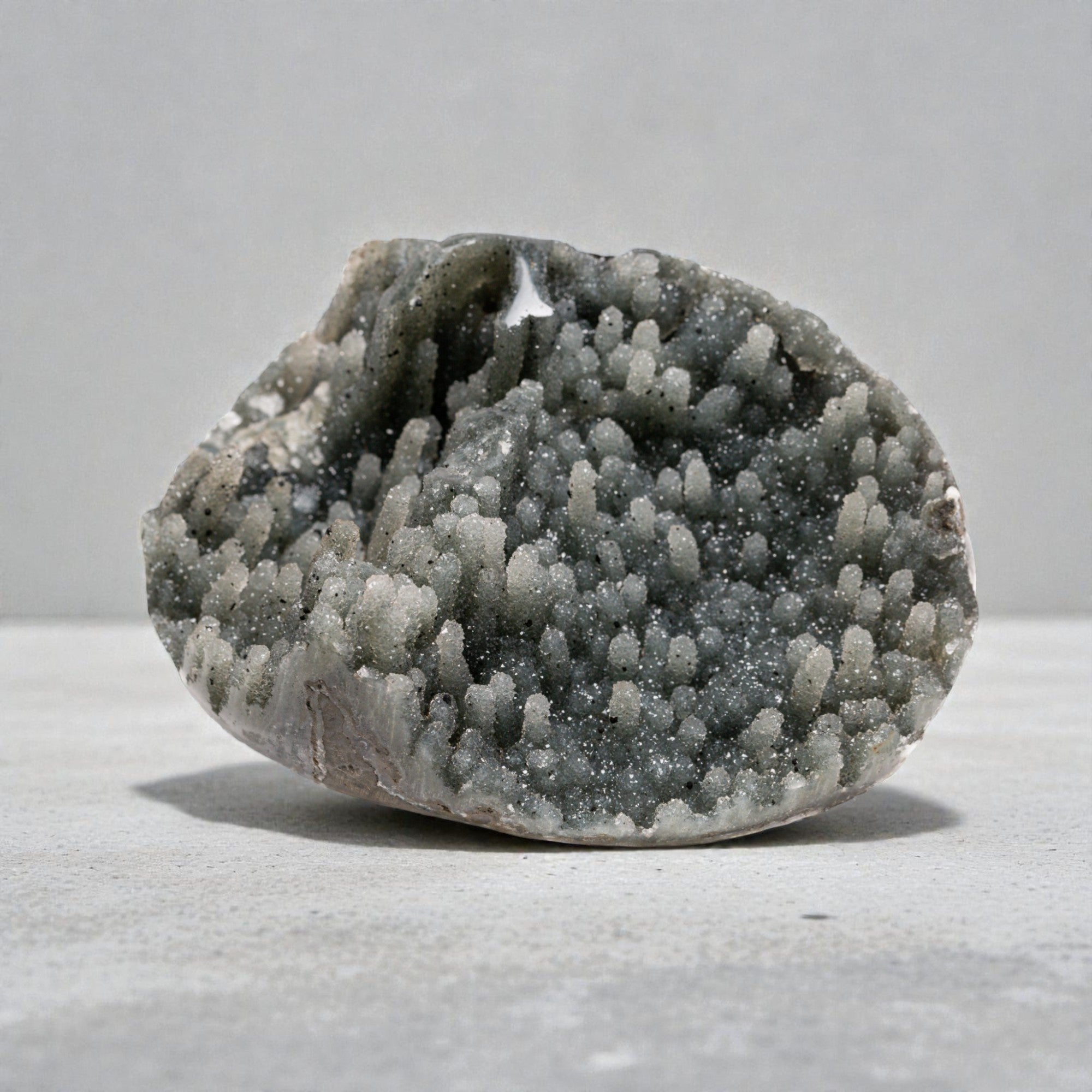 Small natural crystal geode displaying a grey quartz crystal cluster with fine druzy texture, organic chalcedony edges, and a raw mineral silhouette suited for luxury neutral decor.