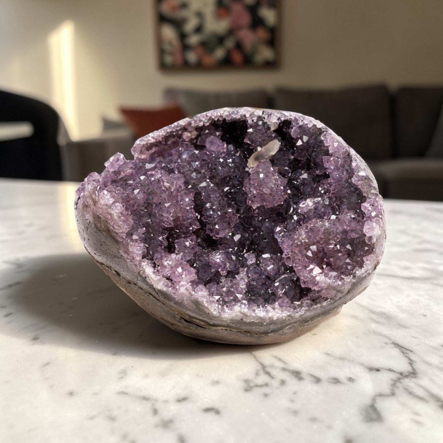 Mini amethyst geode with violet druzy quartz crystals with compact oval cavity - 1.36