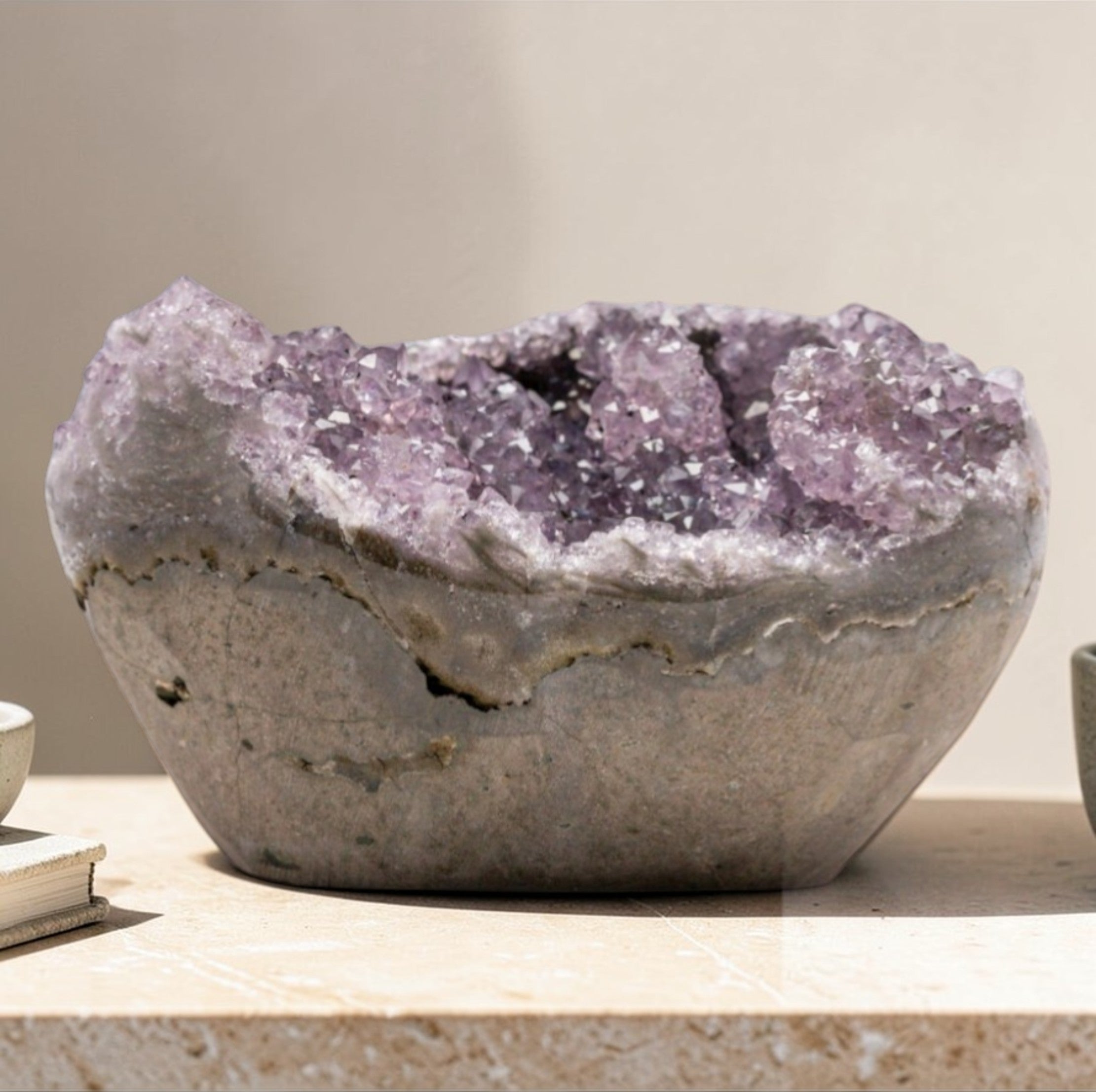 Mini amethyst geode with violet druzy quartz crystals with compact oval cavity - 1.36