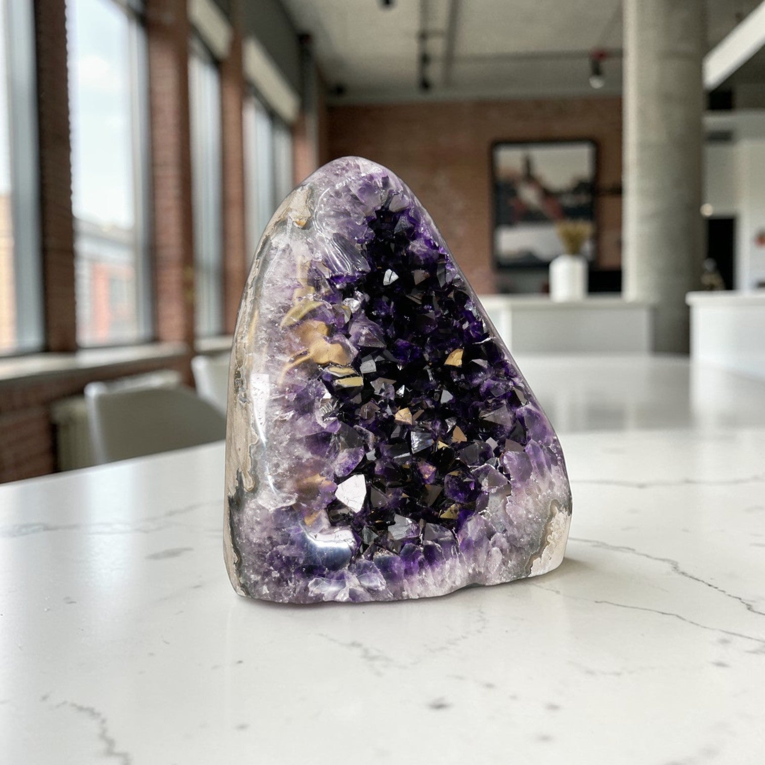 Large amethyst cathedral geode, open deep purple cluster with polished chalcedony border, 21.80 lb, Emporion Gems