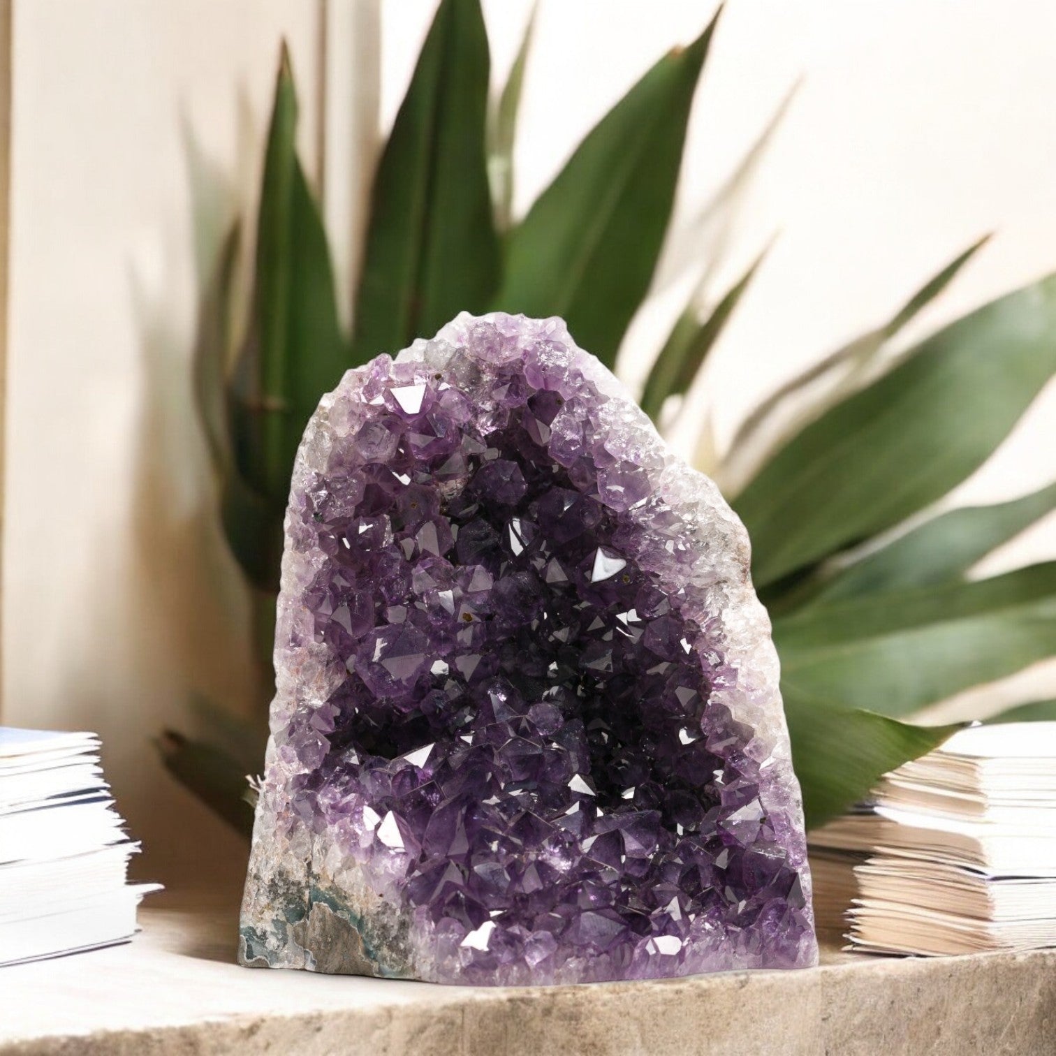 Deep purple Uruguayan amethyst cluster 4–5 lb, ethically sourced collector’s crystal for luxury home décor, shelves and calming energy spaces.
