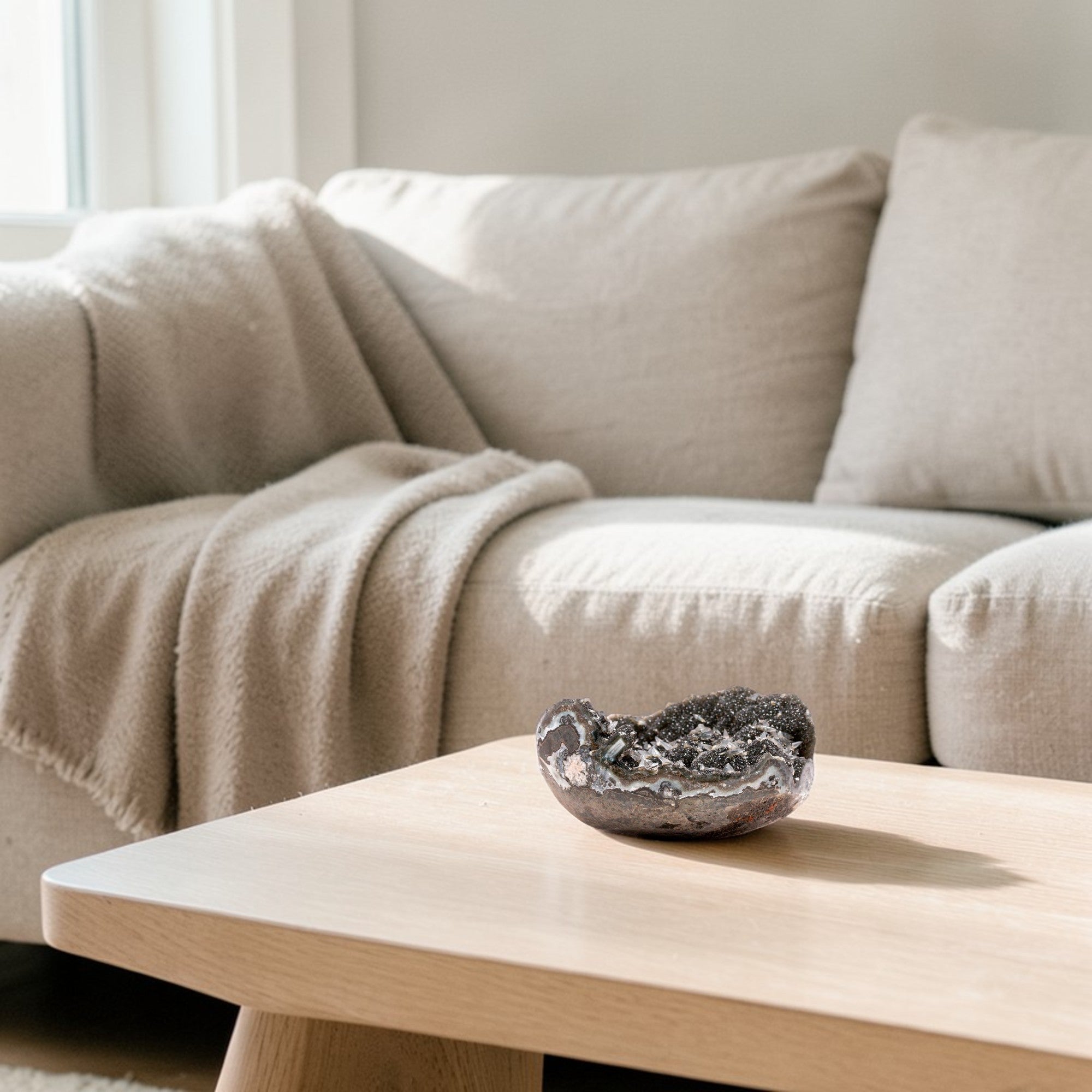 small druzy quartz geode with strong agate banding, dark micro-crystal interior, chalcedony layers, sculptural bowl shape