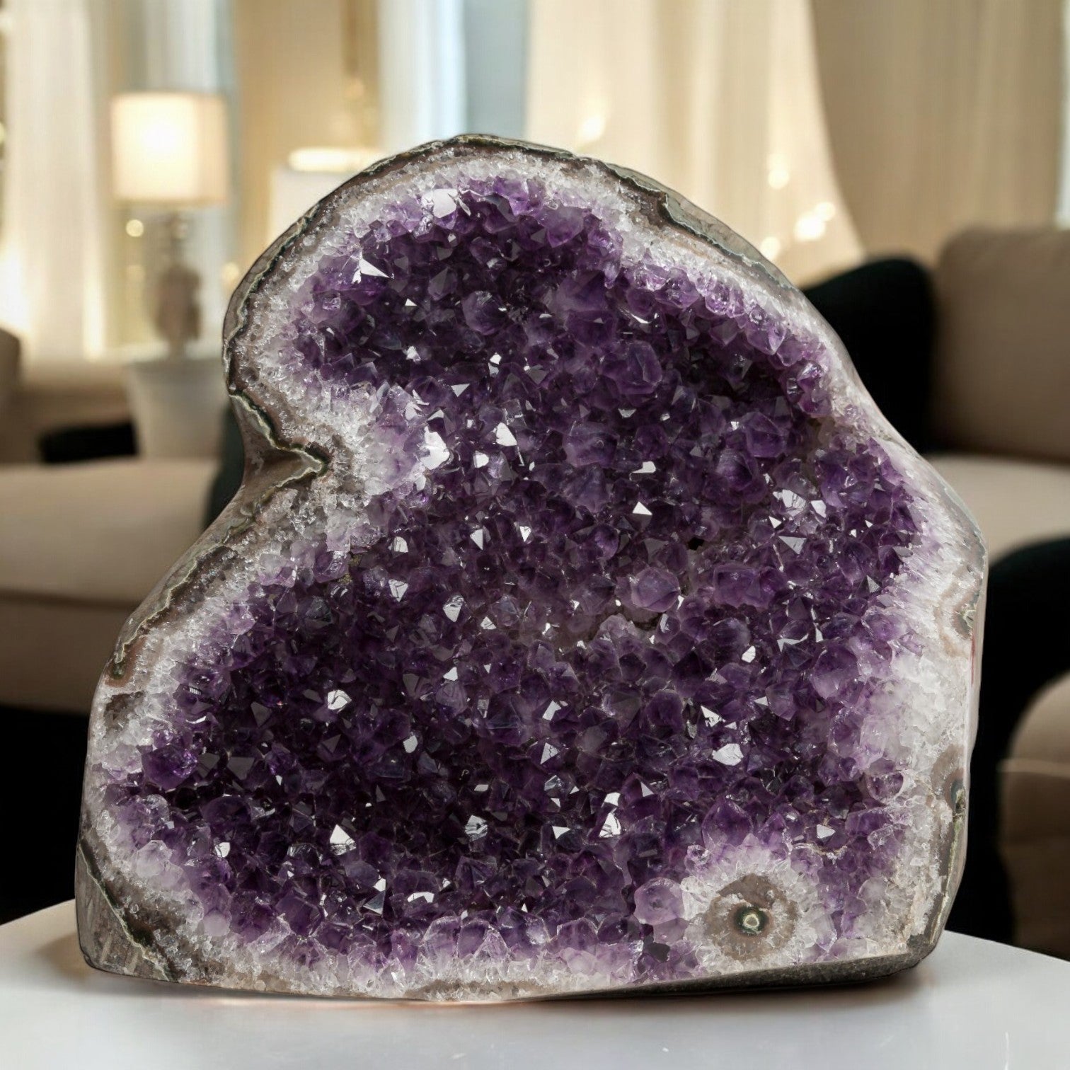 Deep purple Uruguayan amethyst geode with dense crystal formations and white quartz edges, ideal for refined home decor.