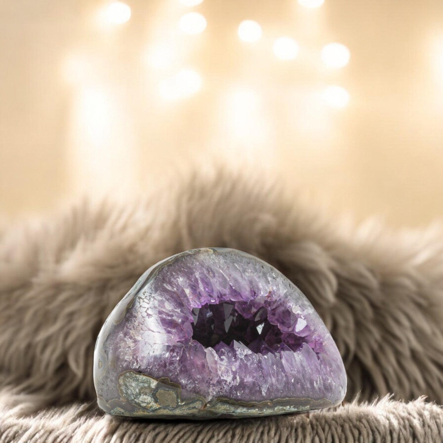 Uruguayan amethyst geode with a deep hollow core and lavender crystal edges
