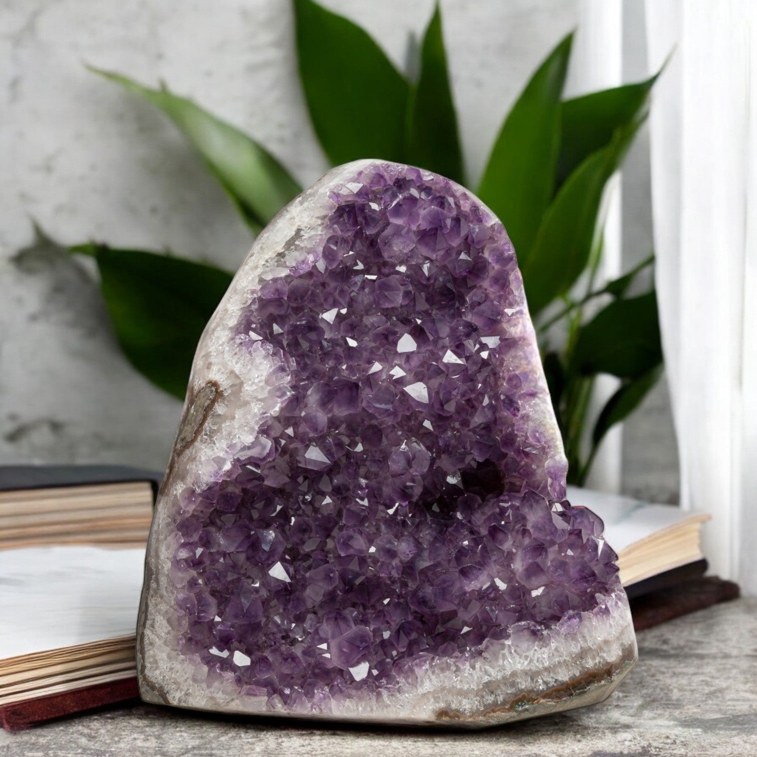 Large amethyst crystal cluster from Uruguay with rich purple points and natural banding, perfect for shelves, home office decor, or spiritual spaces.