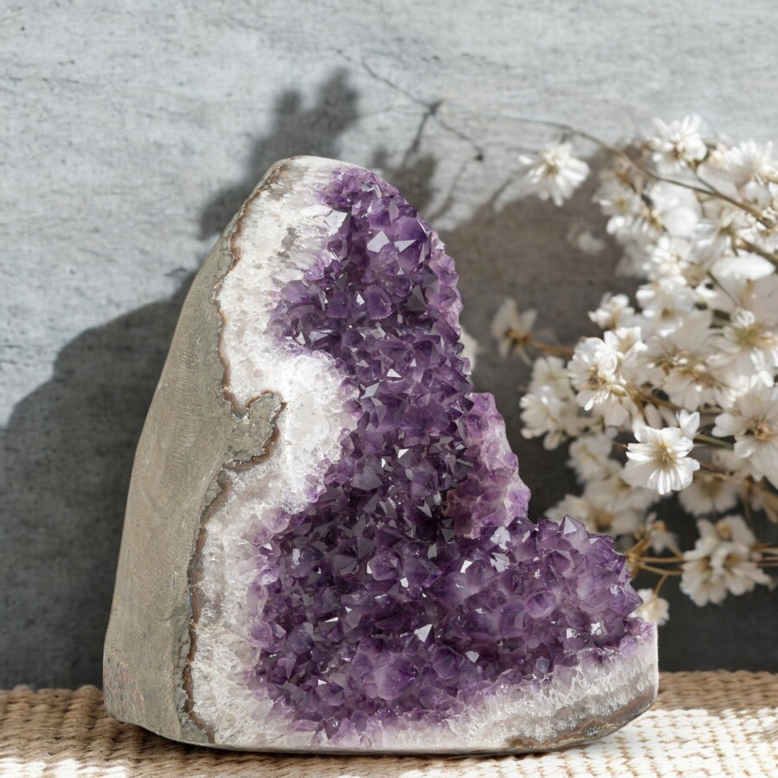 Hand-selected Uruguayan amethyst geode displaying vibrant purple crystals and white quartz edges, ideal for luxury home decor or altar styling.