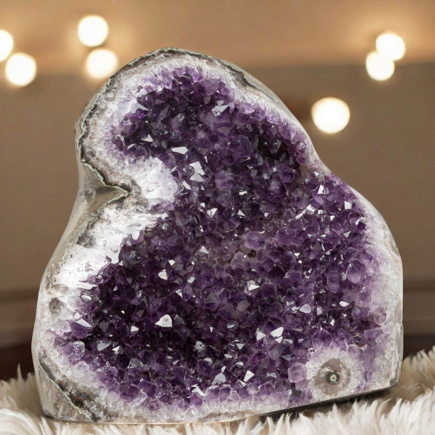 Bold deep-purple amethyst geode with sparkling crystal texture and natural quartz contouring, ideal for elevated home styling.
