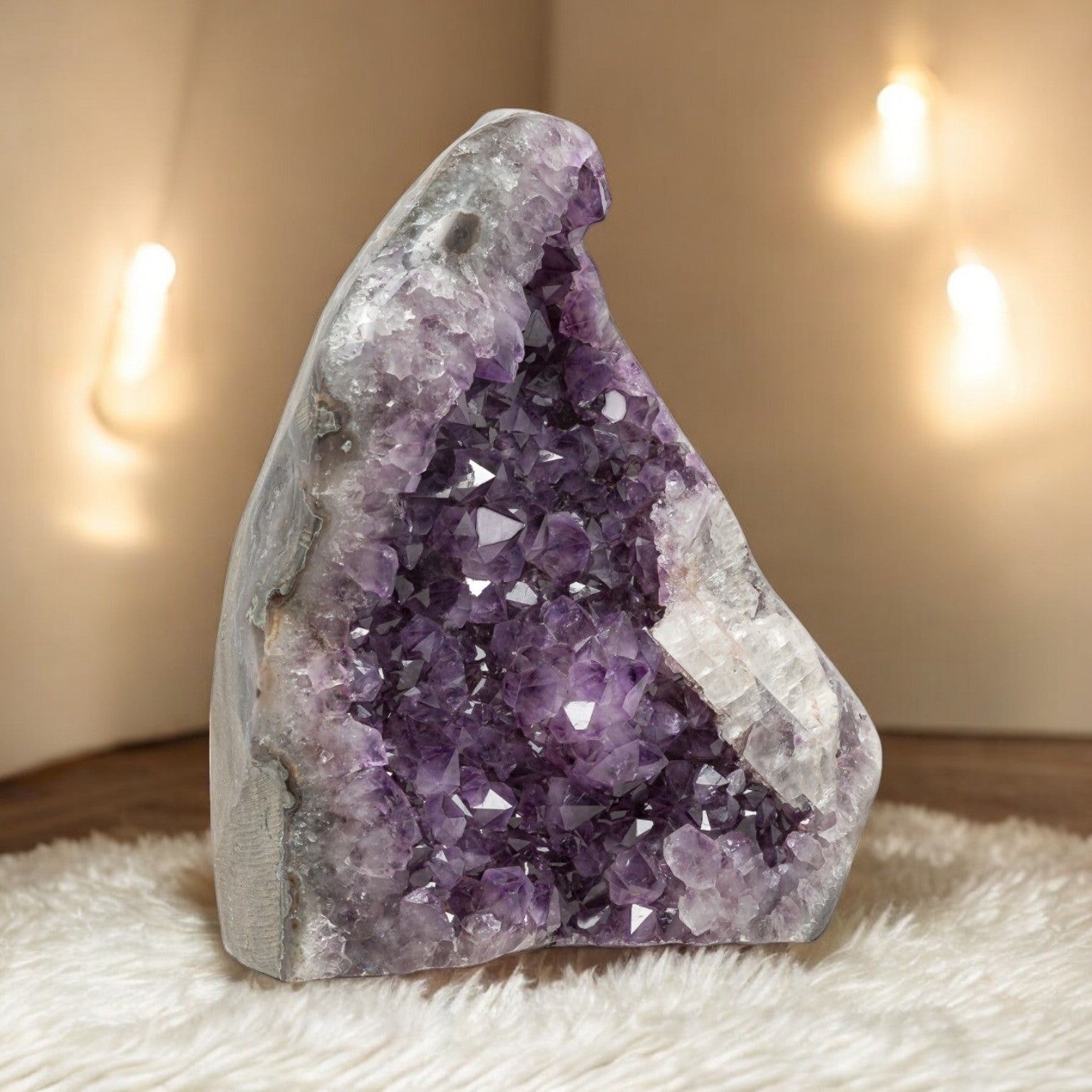 Amethyst geode from Uruguay with luminous purple crystals and a bold white quartz panel, creating a naturally sculpted look