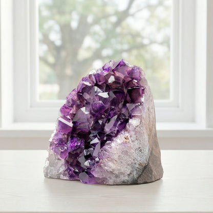 What does a 1.5–2 lb Uruguayan amethyst cluster look like? A 4–6 inch tall piece with deep purple natural crystal points and raw stone base, ideal for desk or shelf decor.