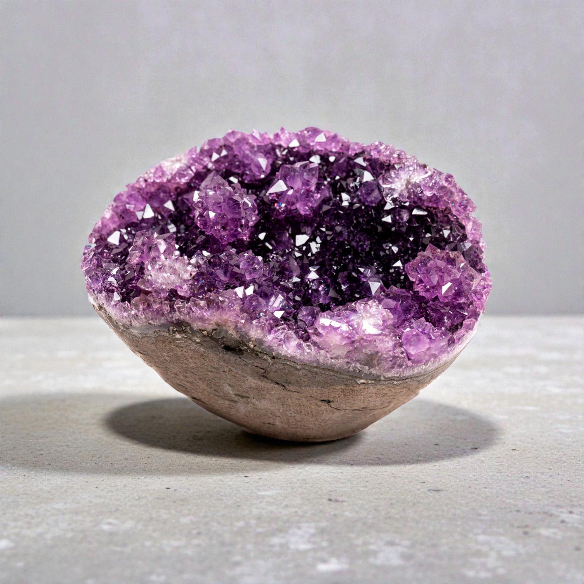 Small amethyst crystal geode featuring vivid violet quartz points formed within a volcanic cavity, displayed in a compact bowl shape.