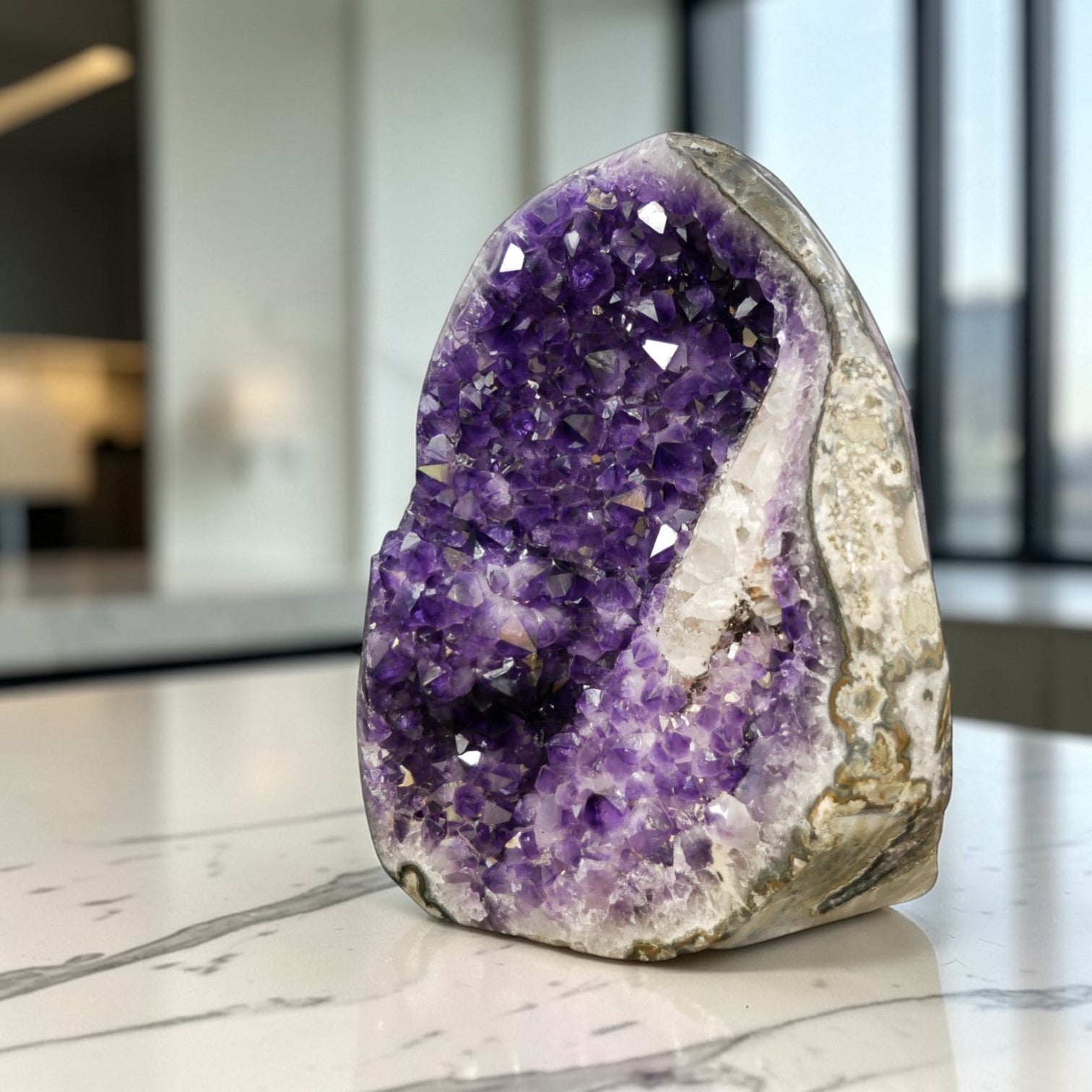 XL deep purple amethyst cluster self-standing on table, large natural crystal formation from Artigas Uruguay, 33.95 lb home decor statement piece