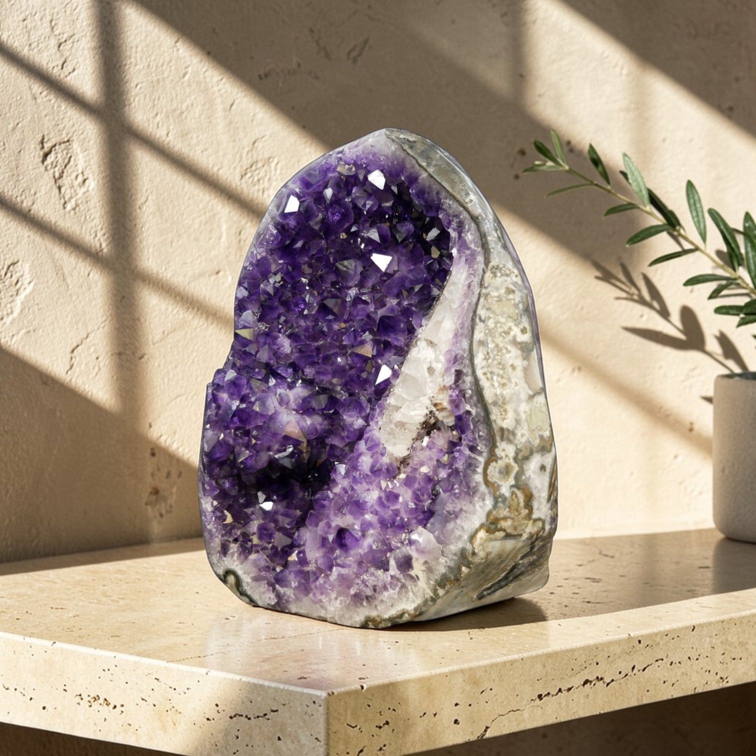 Large natural amethyst cluster with deep violet crystal points and visible white calcite vein, AAA grade Uruguay amethyst, 33.95 lb statement piece