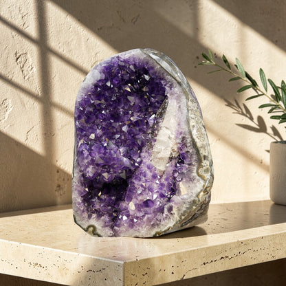 Deep purple amethyst cluster 33.95 lb AAA grade, natural open formation with white quartz border, ethically sourced from Artigas Uruguay, self-standing on wooden table