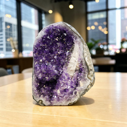 Deep purple amethyst cluster 33.95 lb AAA grade, natural open formation with white quartz border, ethically sourced from Artigas Uruguay, self-standing on wooden table