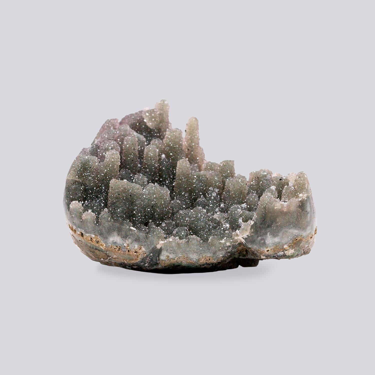 mini druzy quartz geode with soft grey-lavender tones, chalcedony base, and fine crystal sugar coating.