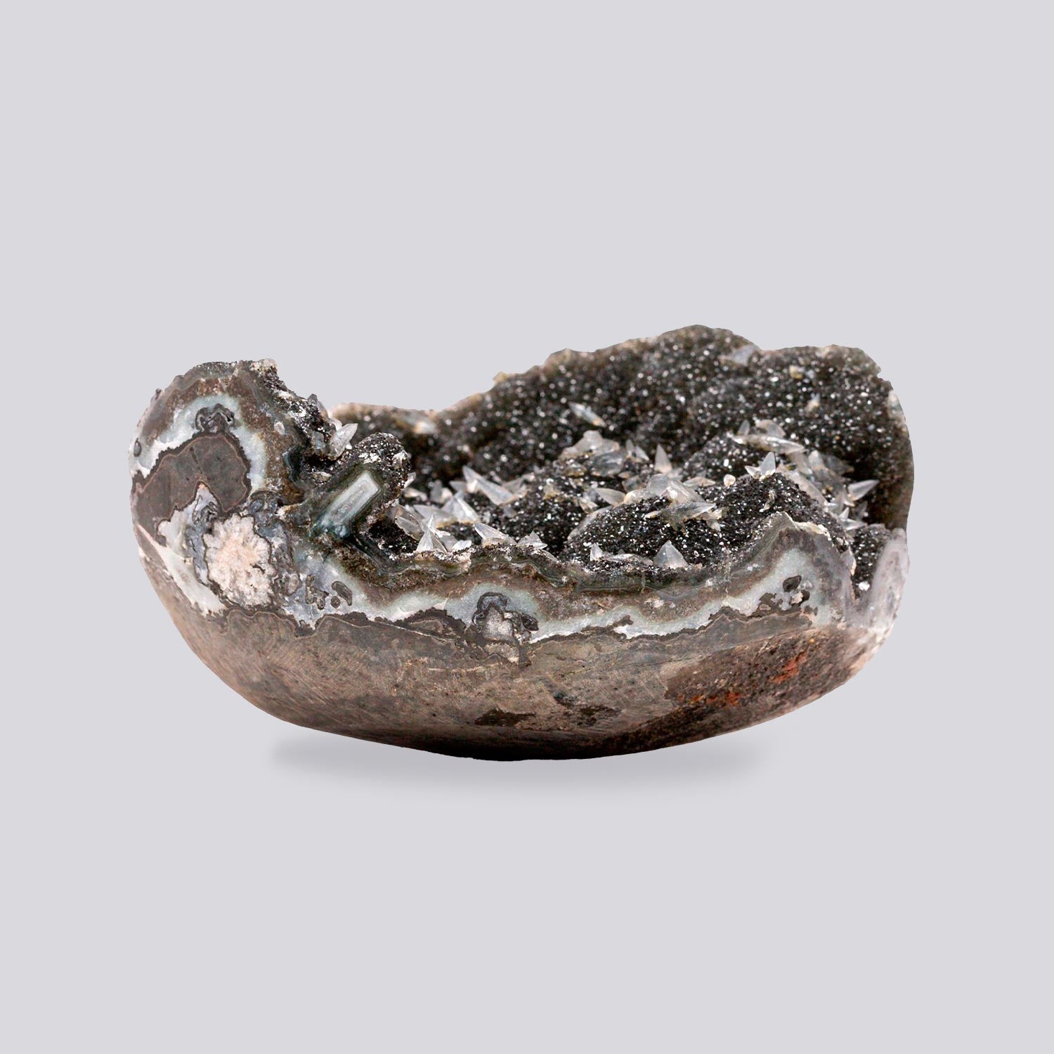 mini druzy quartz geode with strong agate banding, dark micro-crystal interior, chalcedony layers, sculptural bowl shape