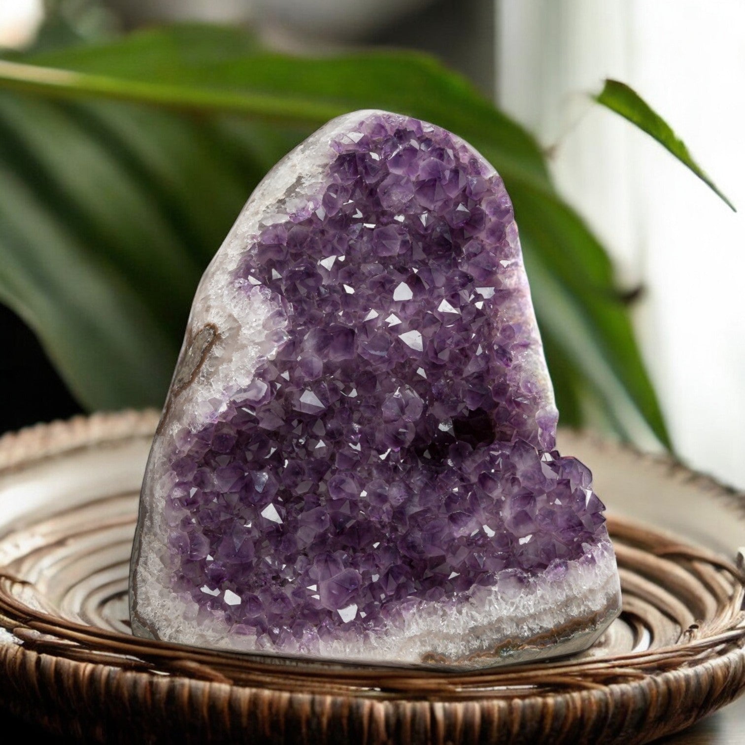 Hand-selected Uruguayan amethyst geode displaying vibrant purple crystals and white quartz edges, ideal for luxury home decor or altar styling.