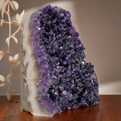 Side view of a Uruguayan amethyst geode with rich violet crystals and a natural white quartz edge.”