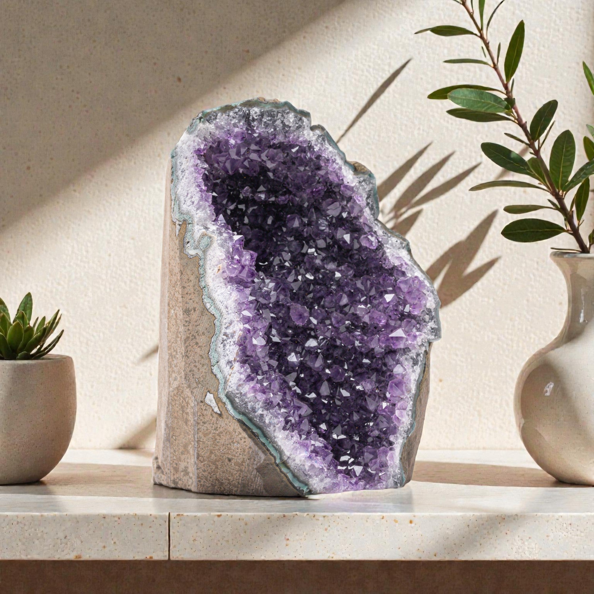 Dimensions: 6.5 to 10.5" Height
Natural crystal from Uruguay with Cut Base.
Large Deep Purple Cluster - Statement Piece

This large premium Uruguayan amethyst cluster (10-12.5 lb) carries the luminous depth of natural amethyst stone from Uruguay's renowned crystal mines. 