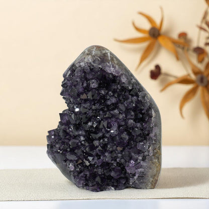 Deep violet amethyst geode from Uruguay featuring tightly clustered points and a softly contoured stone top.