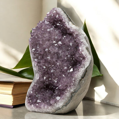 Light-purple Uruguayan amethyst geode with a wavy organic shape, druzy crystal clusters, and soft quartz edging.