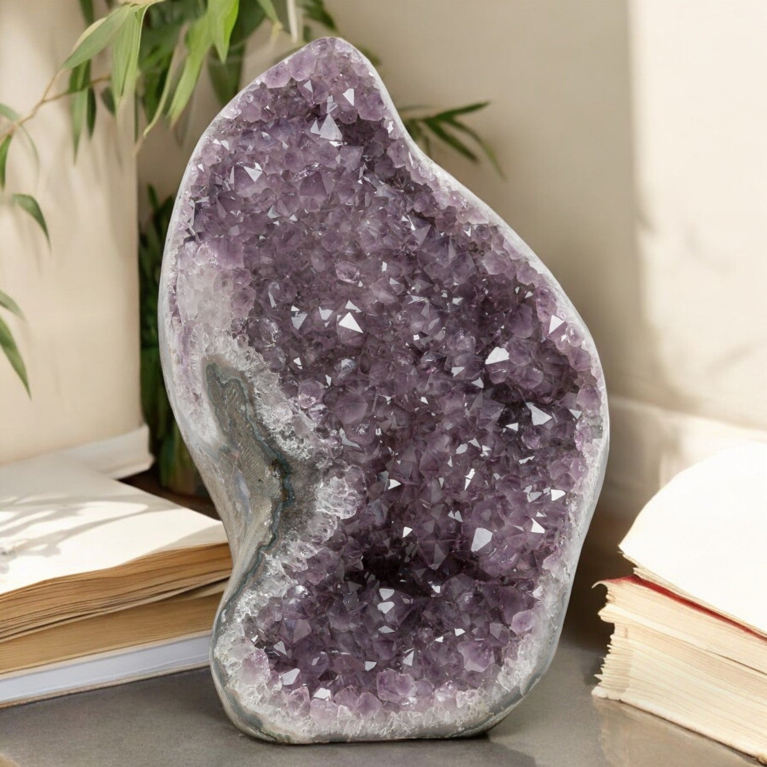 Light-purple Uruguayan amethyst geode with a wavy organic shape, druzy crystal clusters, and soft quartz edging.