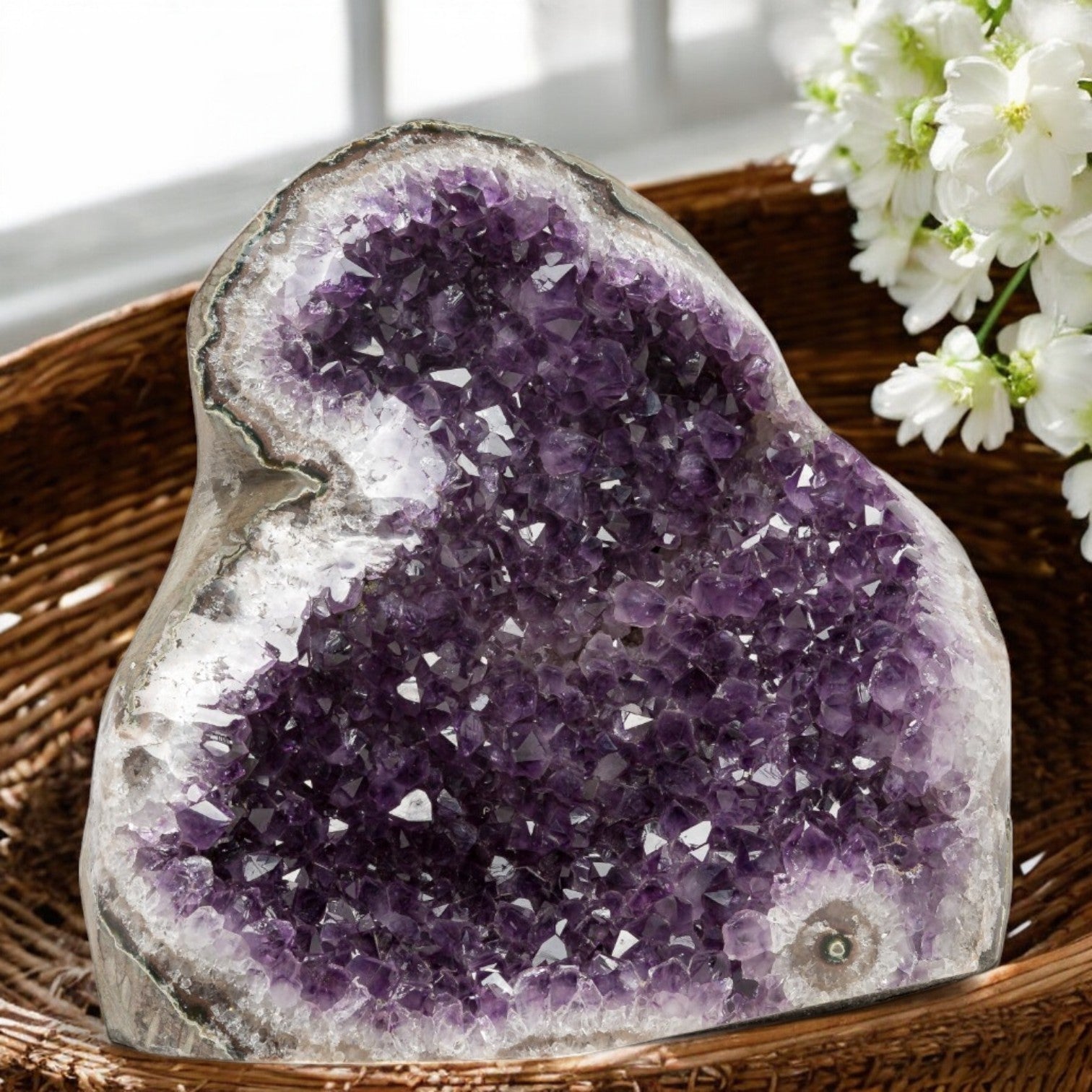 Deep purple Uruguayan amethyst geode with a natural cat-eye formation and sparkling crystal points, a striking piece for refined home decor.
