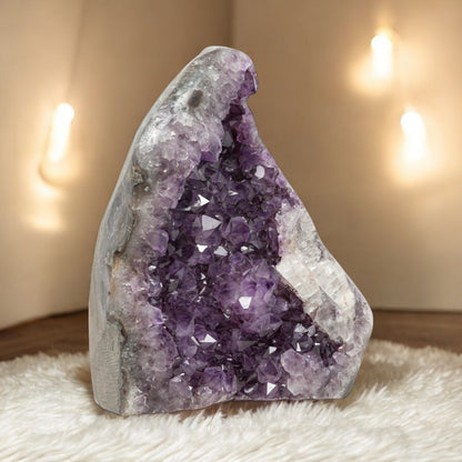 Amethyst geode from Uruguay with luminous purple crystals and a bold white quartz panel, creating a naturally sculpted look