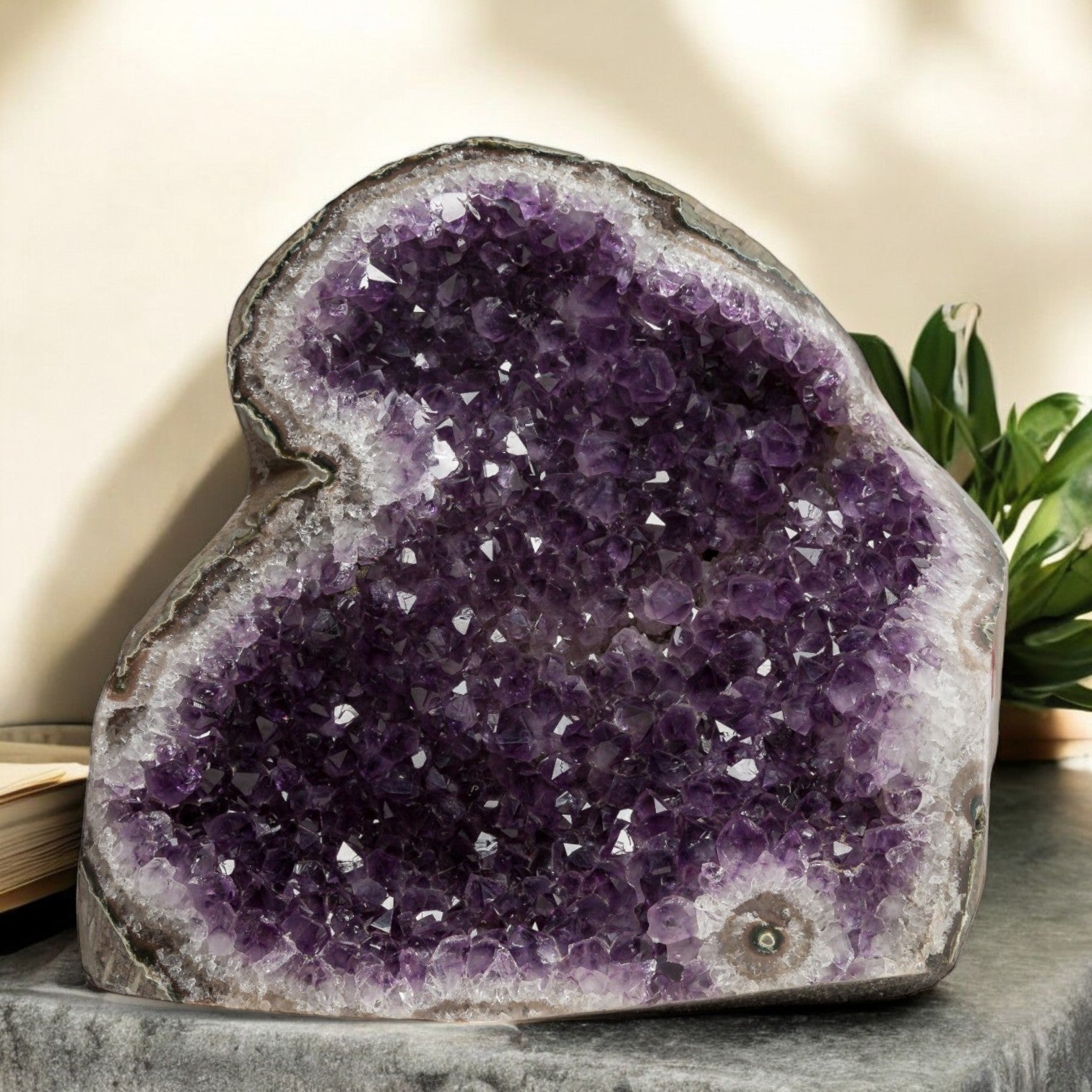 Uruguayan amethyst geode with vibrant purple crystals and polished edges, bringing grounding beauty to modern living spaces