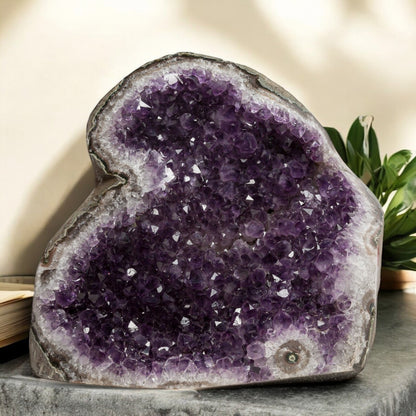 Uruguayan amethyst geode with vibrant purple crystals and polished edges, bringing grounding beauty to modern living spaces